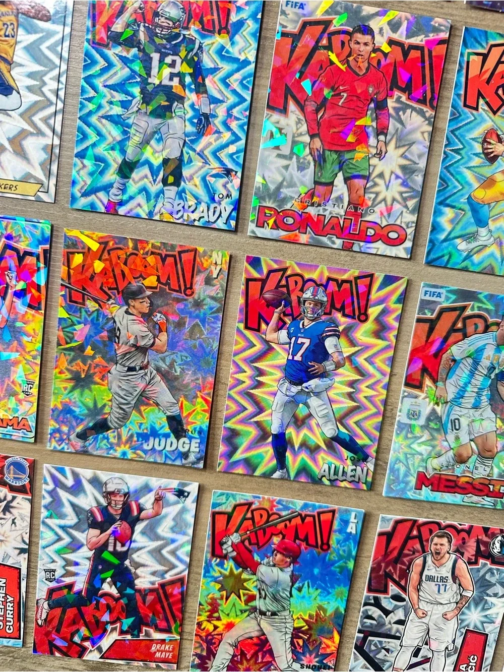 Kaboom Lot of (20) Messi, Kobe, Ohtani, Mahomes, Maye, etc Holo Novelty Cards.
